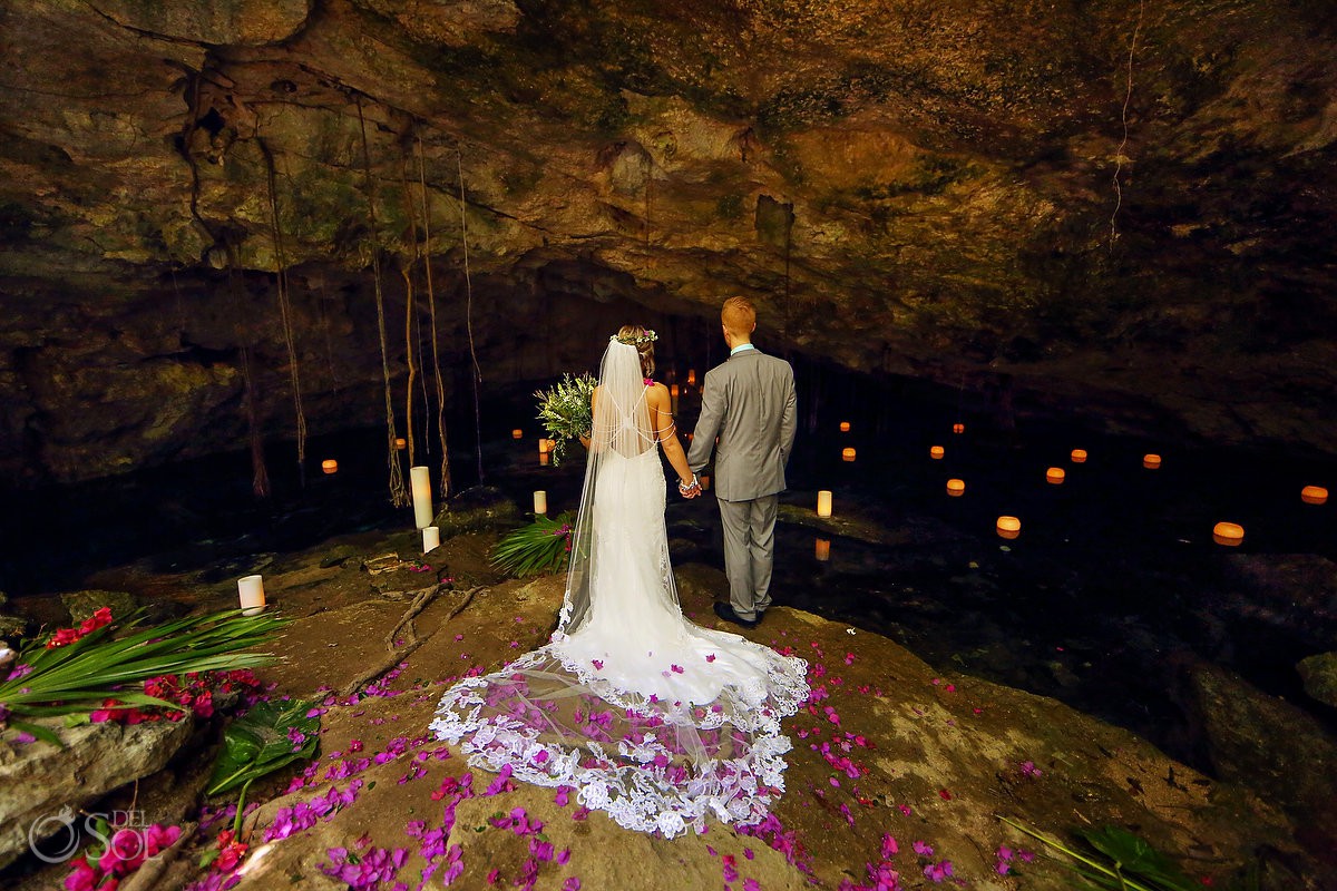 Bride groom portrait cenote elopement Riviera Maya Mexico