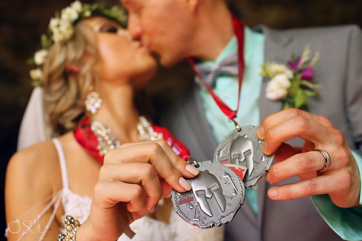 spartan race medals bride groom portrait