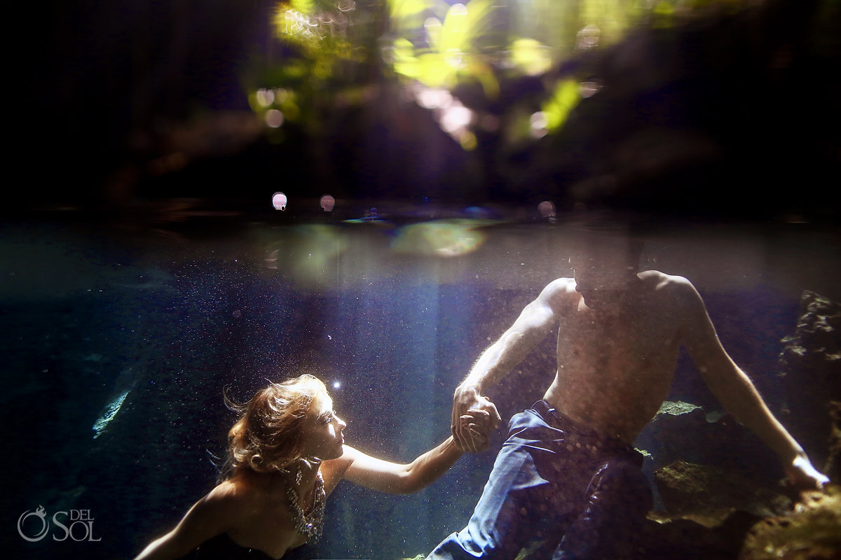 Underwater wedding photography cenote trash the dress