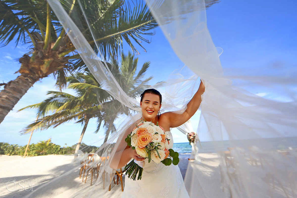 Destination beach wedding bridal portrait long veil Akumal Bay Resort Tulum Mexico