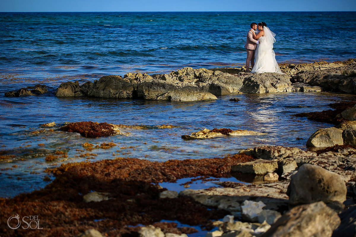 destination wedding bride and groom beach portrait Akumal Bay Wedding Riviera Maya