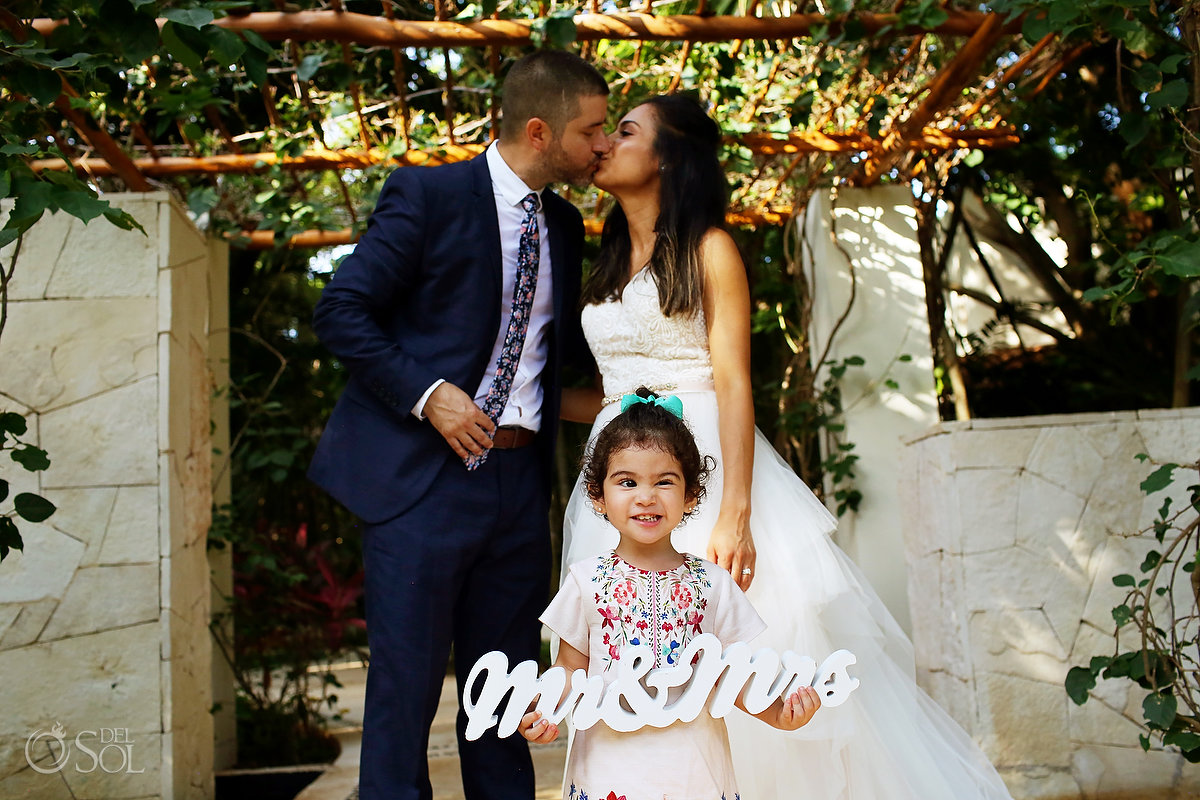 Mahekal family photos wedding picture Mr and Mrs sign Playa del Carmen Mexico
