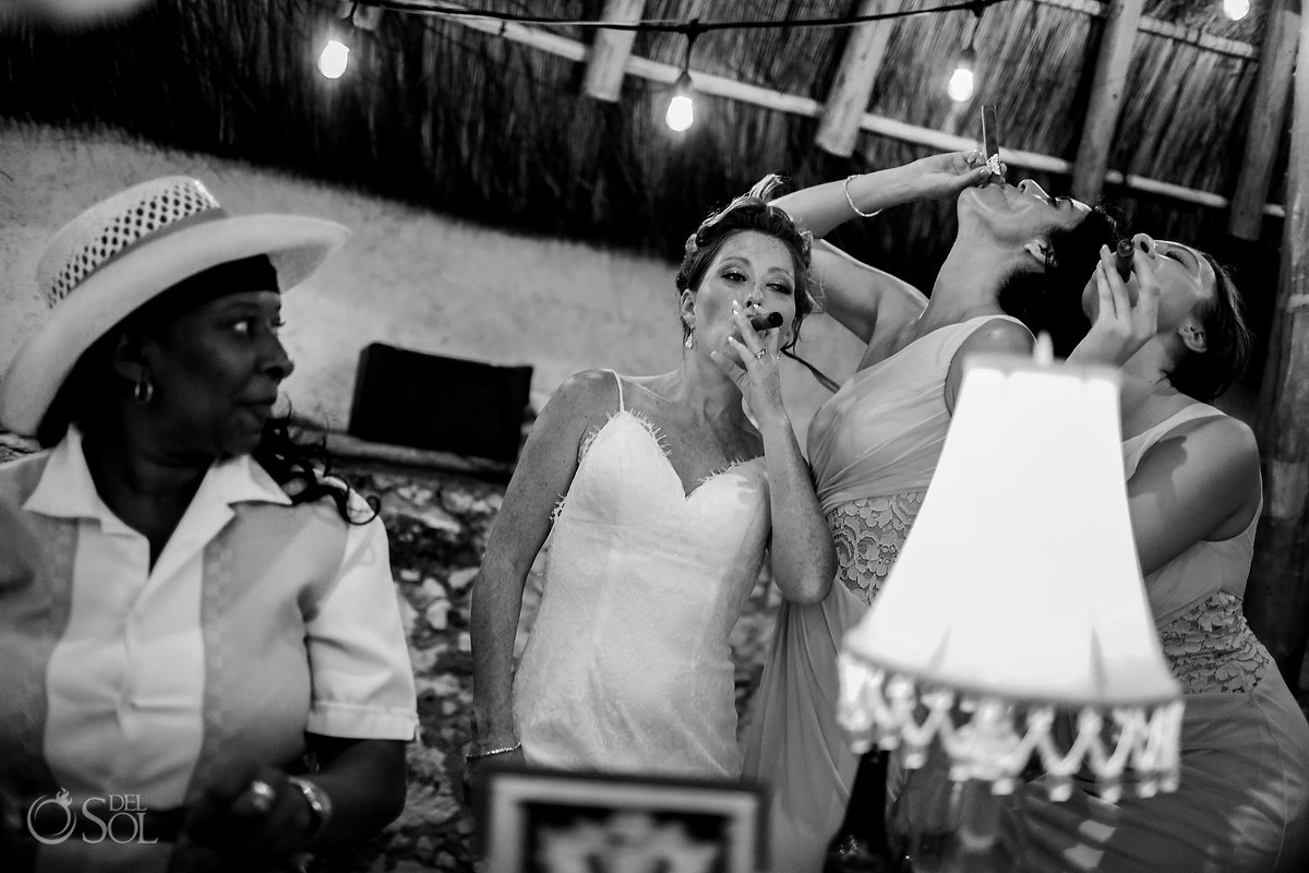 funny wedding photo bride bridesmaids smoking cigars Tulum Boutique Villa Wedding