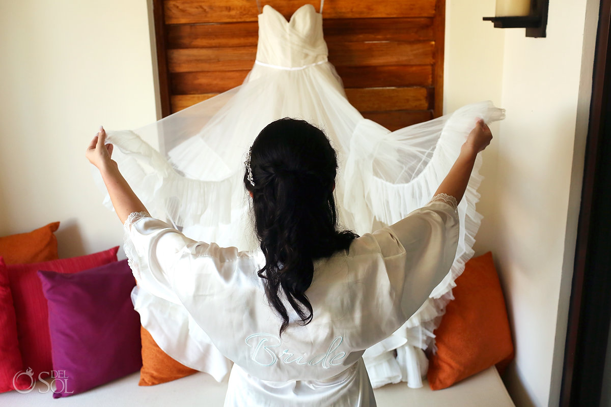 White satin Bride robe Watters Wedding Dress Secrets Akumal Getting ready