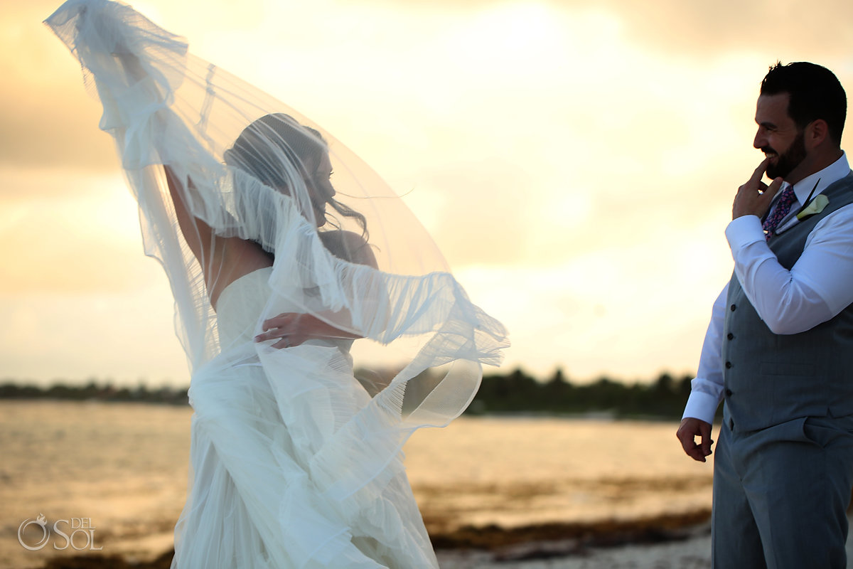 White vaporous tulle Bride robe Watters Wedding Dress Secrets Akumal Beach seashore