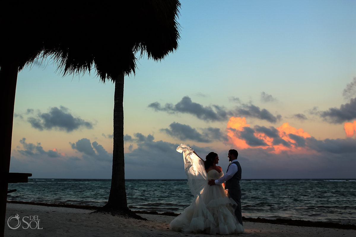 Warm sunset beach portrait Akumal Destination Wedding Mexico Riviera Maya
