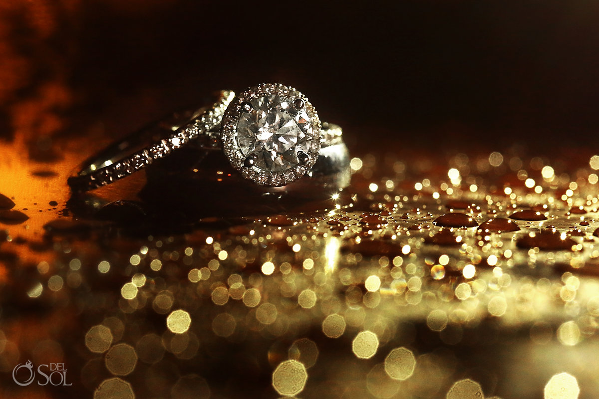 Wedding diamond rings macro photo rain drops