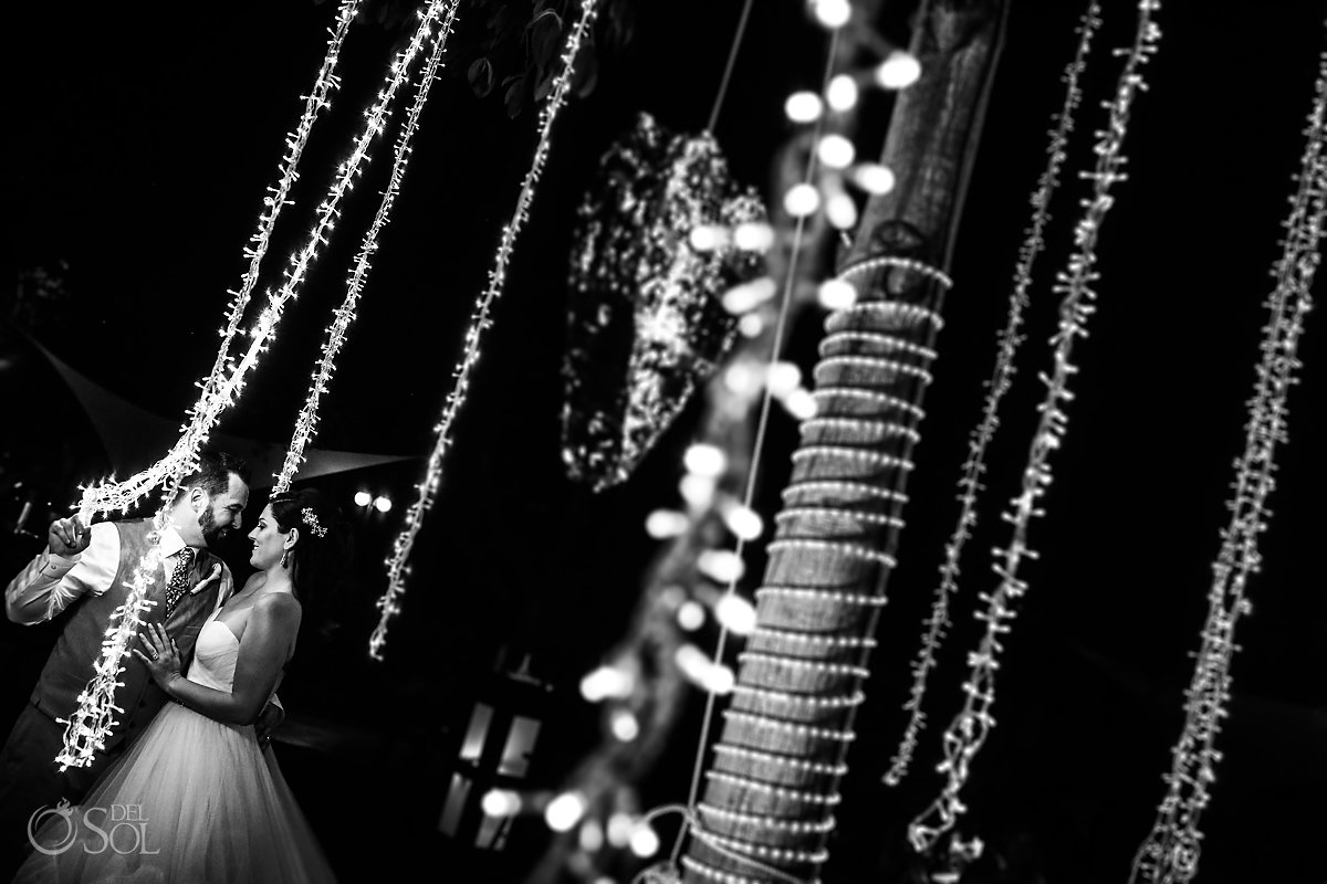 Black white Wedding Groom Wife portrait reception lighting decoration idea Mexico Destination