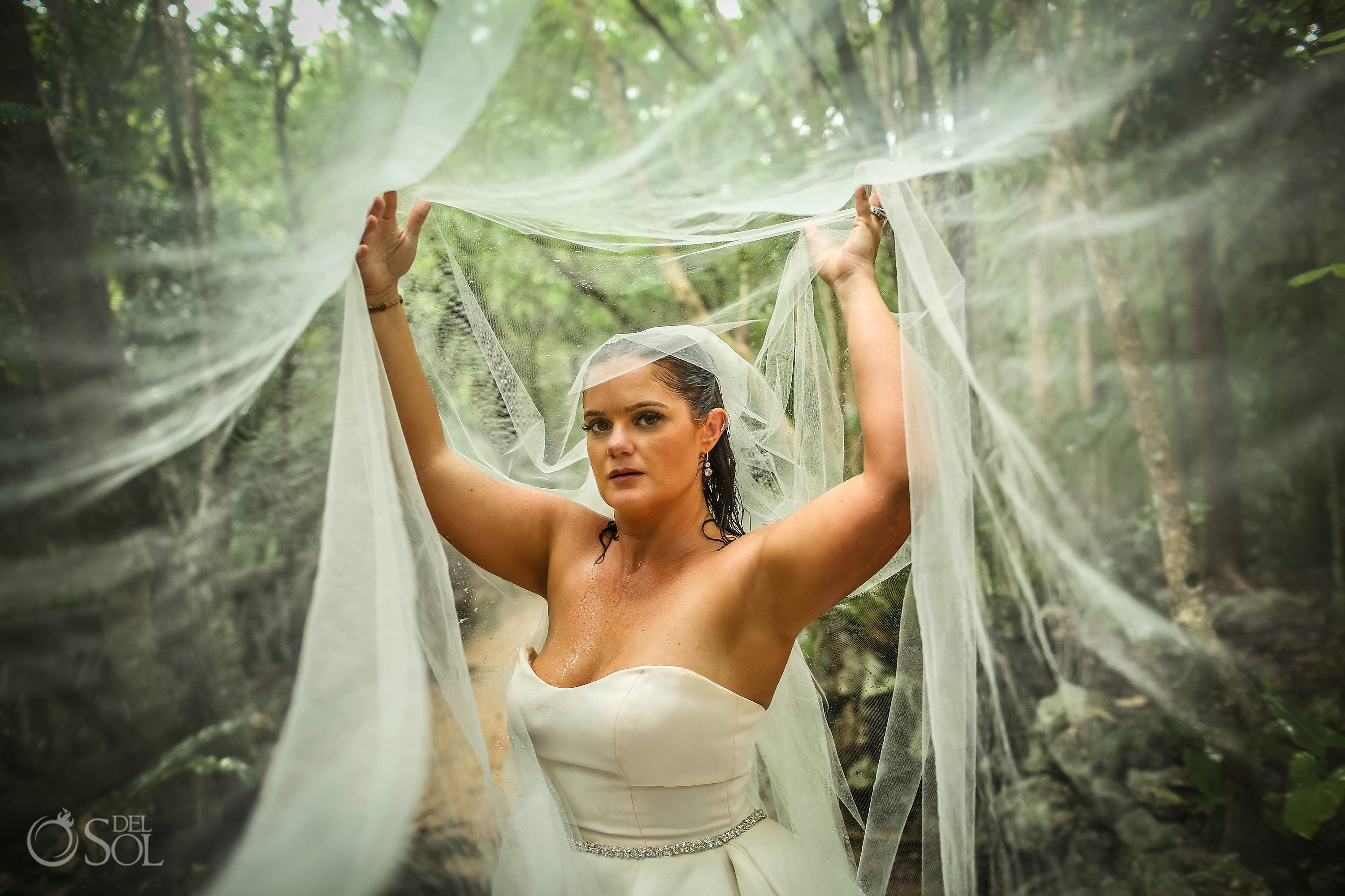 jungle bridal portrait long veil wedding photo