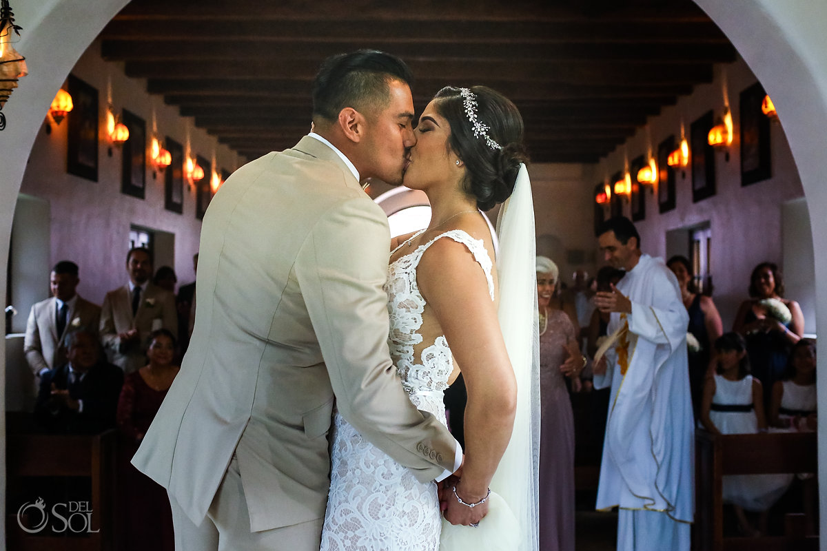 First Passionate Kiss Church Wedding Destination Mexico Playa del Carmen Fifth Avenue