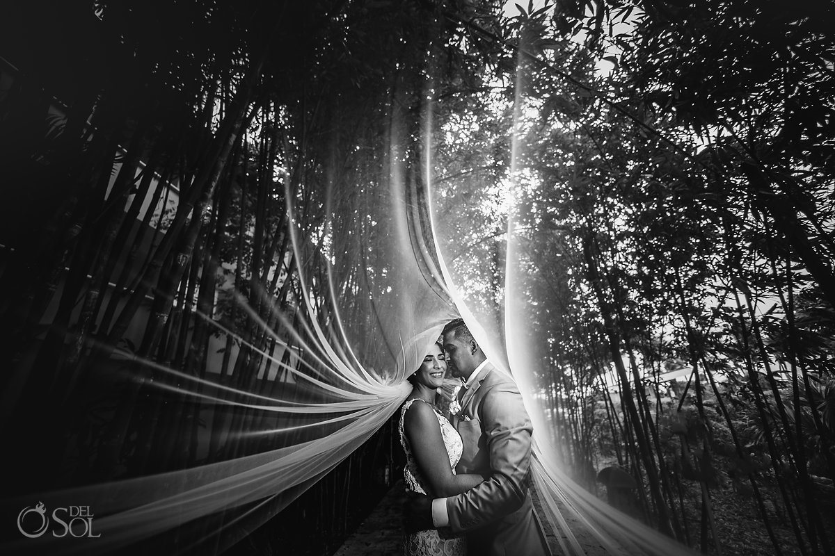 Under the Tulle Bride Vail Just Married Black White Portrait Bamboo Sandos Caracol Eco Resort