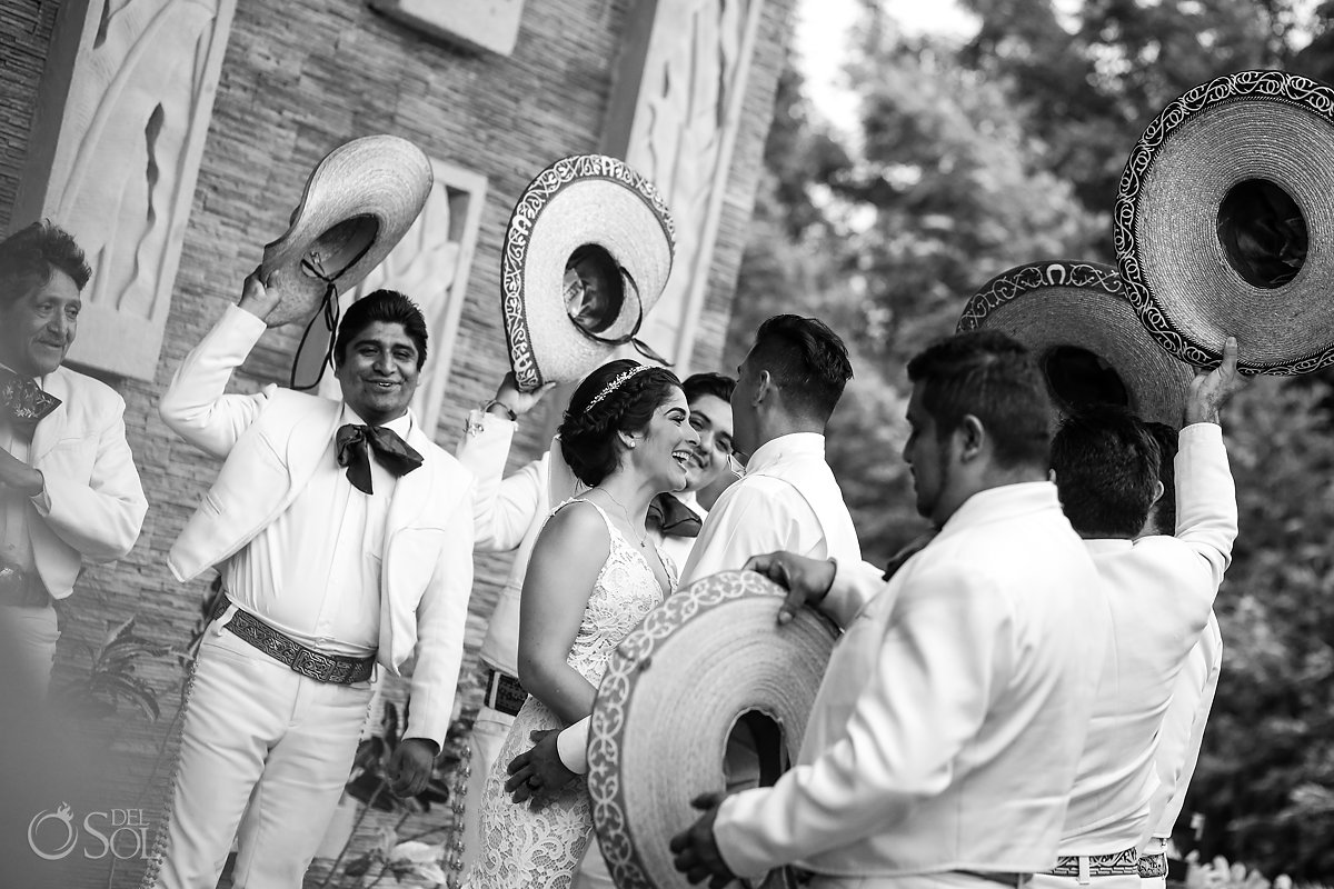 Black White Just Married Couple Mariachi Sombrero Celebration Sandos Caracol Eco Resort Church Wedding Playa del Carmen