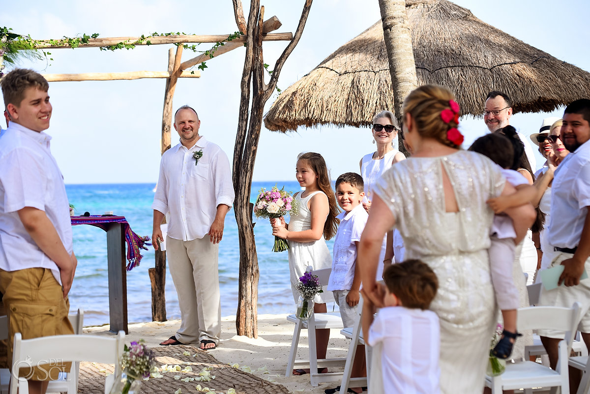 bride with children wedding ceremony entrance Mahekal Beach Resort Playa del Carmen