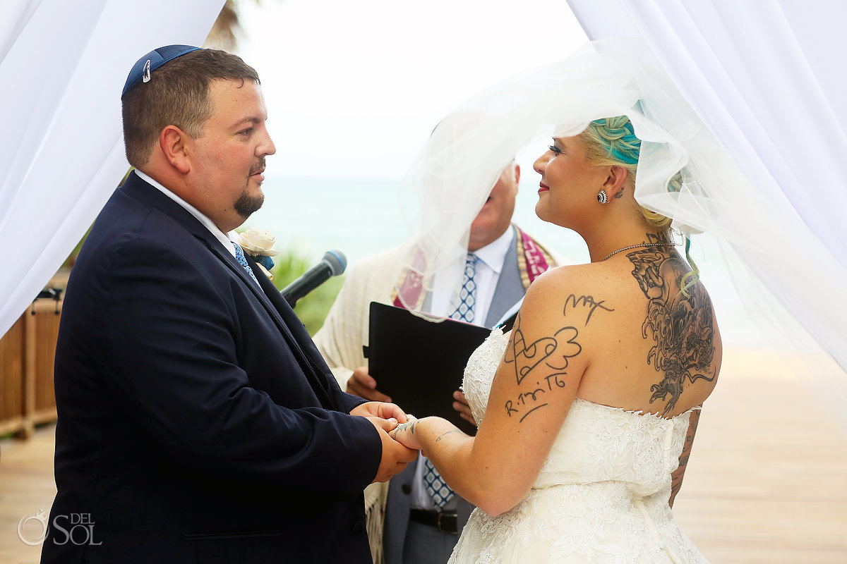 Tattooed Bride Groom Jewish Ceremony Chuppah In love Couple Long Tule Vail Paradisus Playa del Carmen Wedding Destination