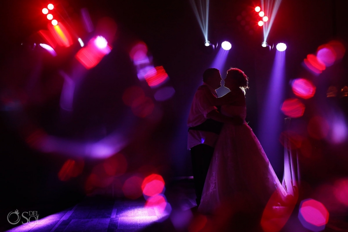 L+S Wedding at Paradisus Playa del Carmen, Mexico. Photos by Del Sol Photography. Artistic Newlyweds Dance Photography Paradisus Playa del Carmen Ballroom Colorful Lights