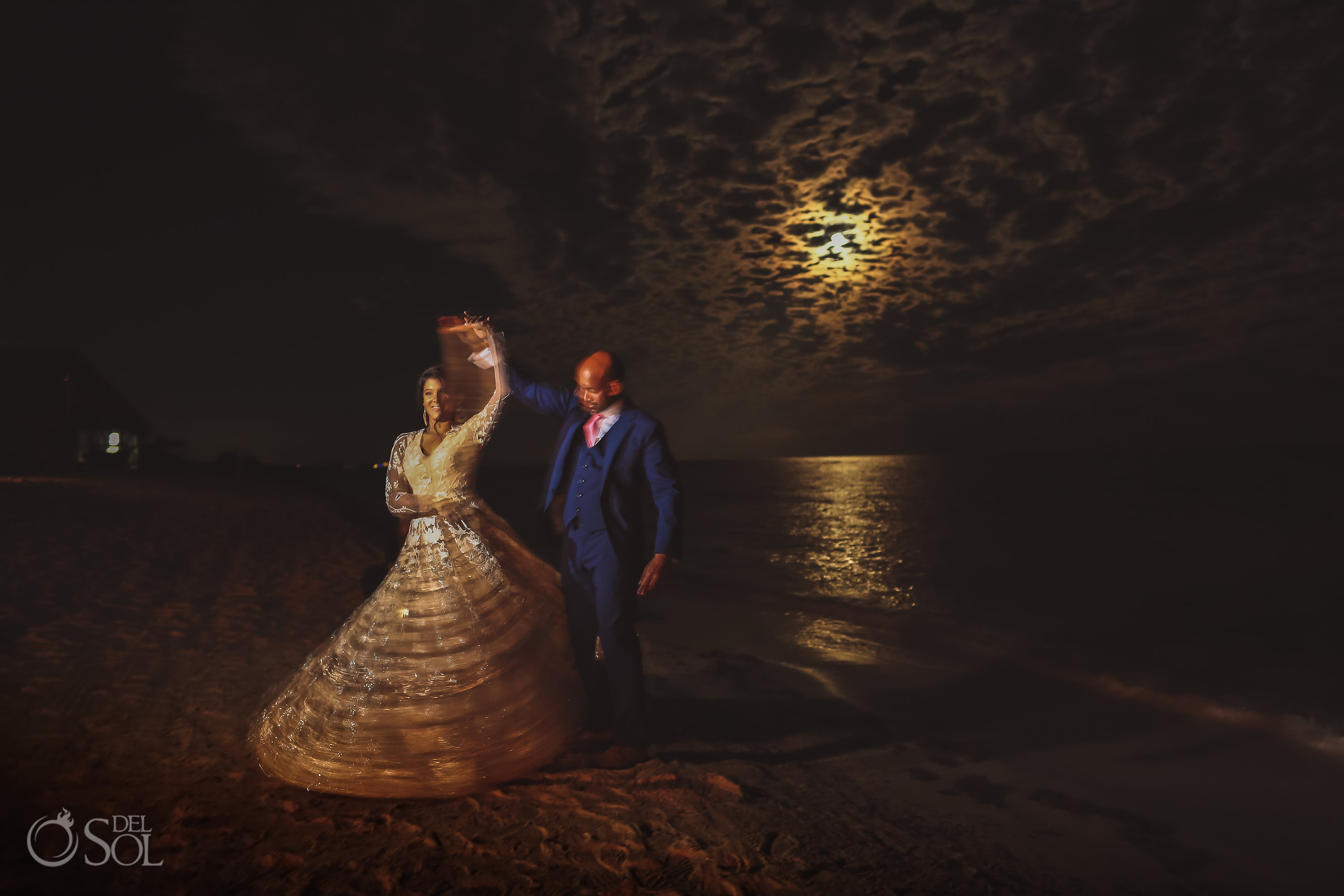 Beach night dance bride and groom Dreams Tulum Indian Wedding