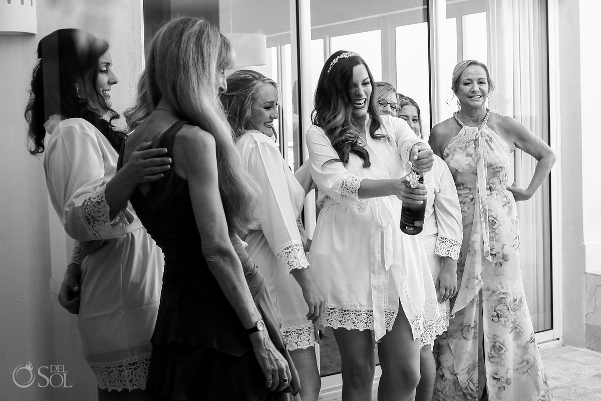 Black White Documentary Photography Getting Ready Bridal Party Champagne Opening silk dressing gowns