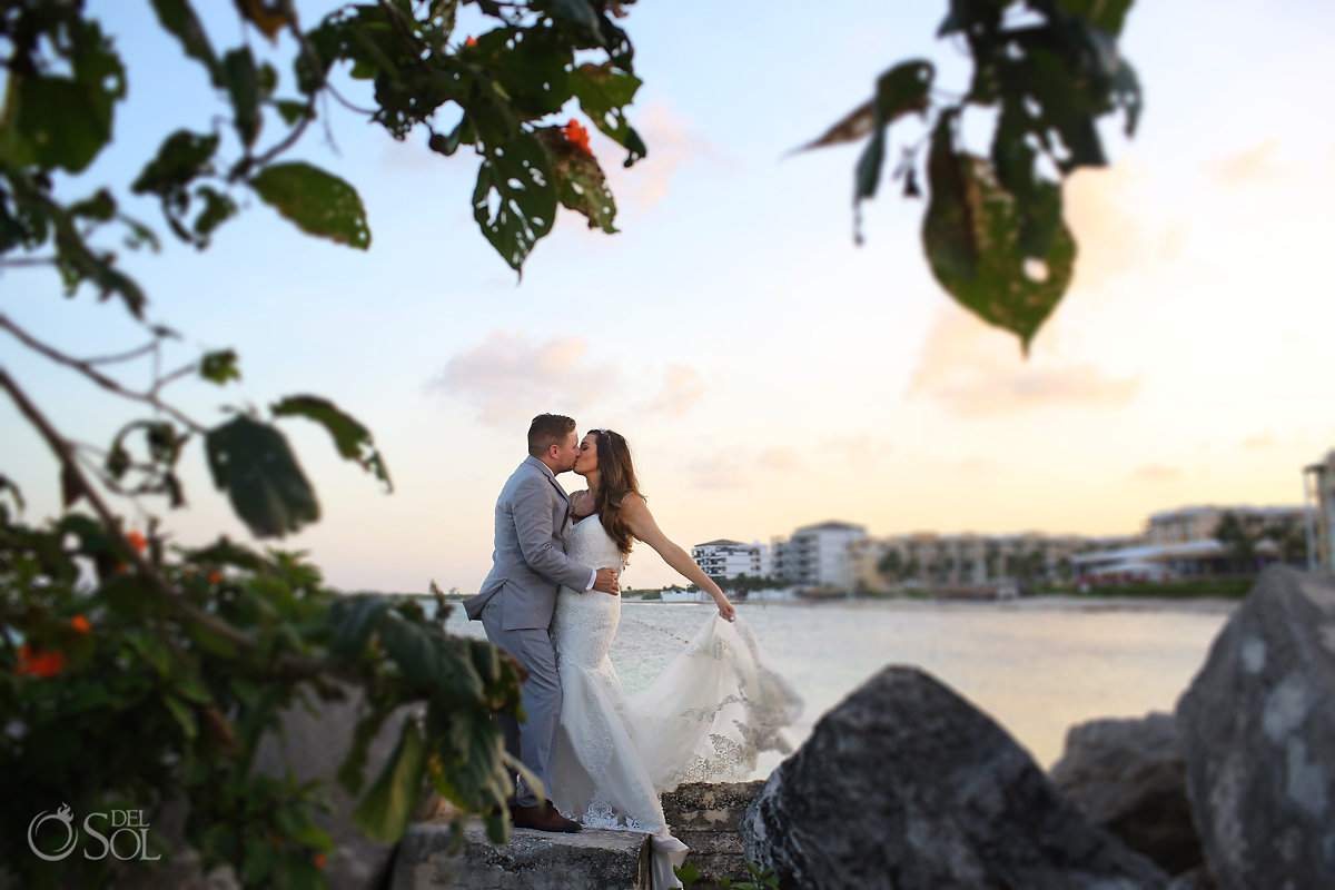 Just Married couple Sunset Portrait Adrianna Pappel Mermaid cut bridal dress Calvin Klein Groom Suit Now Jade Riviera Cancun Wedding