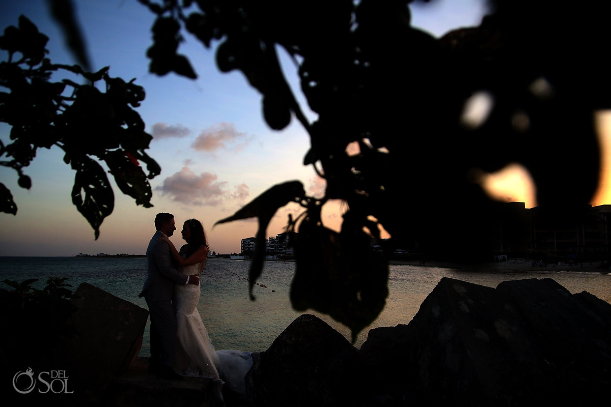 Romantic Sunset just married couple portrait NOW Jade Riviera Cancun Wedding Puerto Morelos Mexico