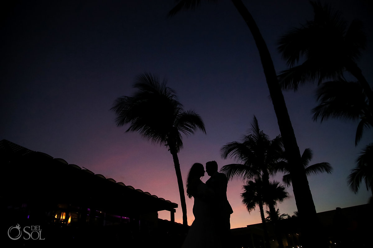 Just Married couple Sunset silhouette Portrait Now Jade Riviera Cancun Palms Caribbean Wedding