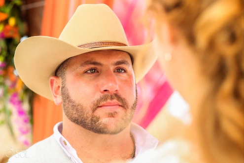 groom wearing cowboy hat crying tears Secrets Akumal Elopement Riviera Maya Mexico