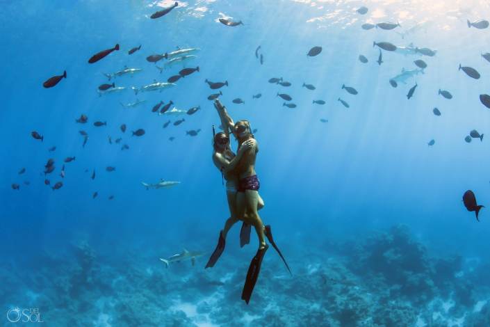 Tahiti underwater photography Freedivers in love Blacktip reef sharks