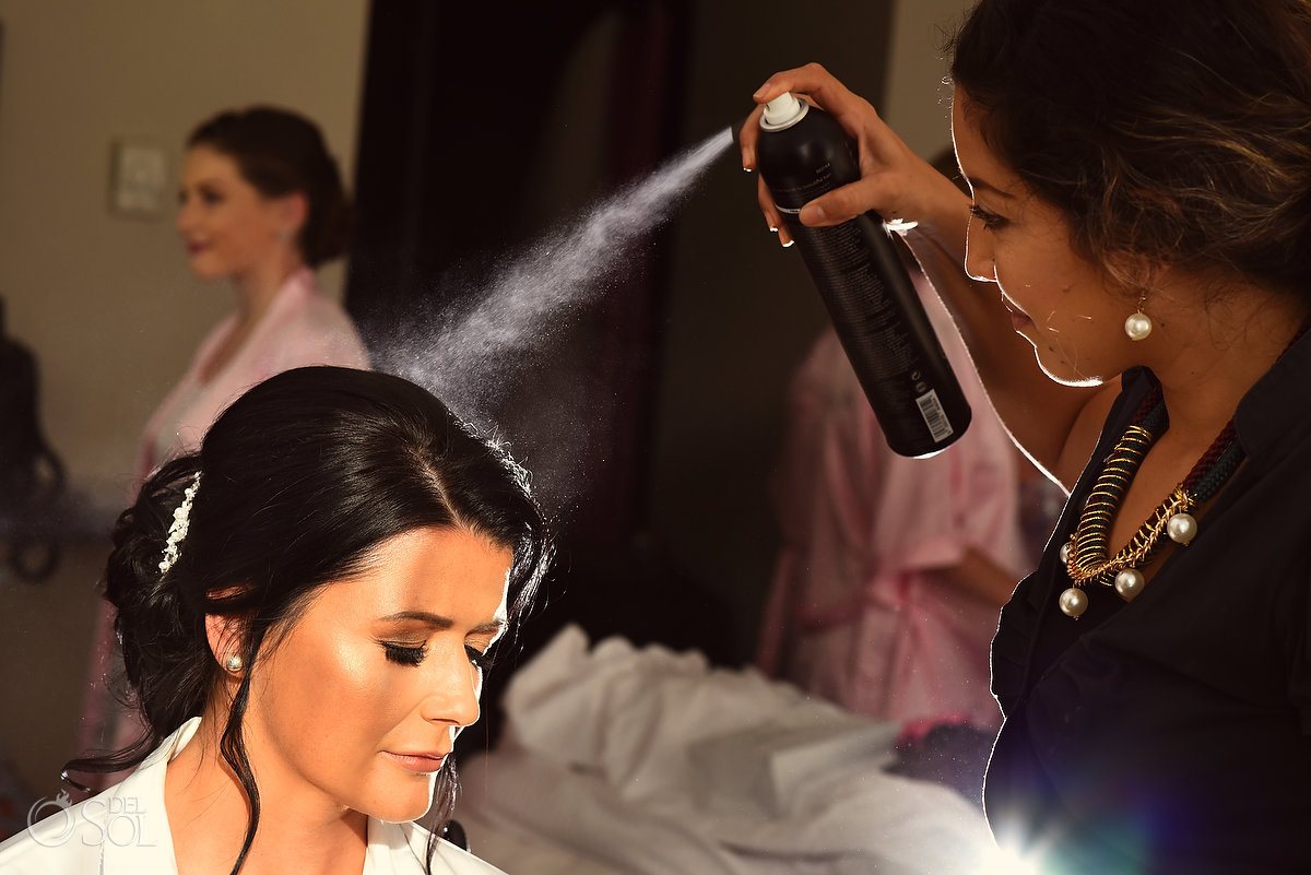 Getting Ready Bridal Hair Stylist Makeup Artist Sara Tamargo Hair Spray Portrait Effect