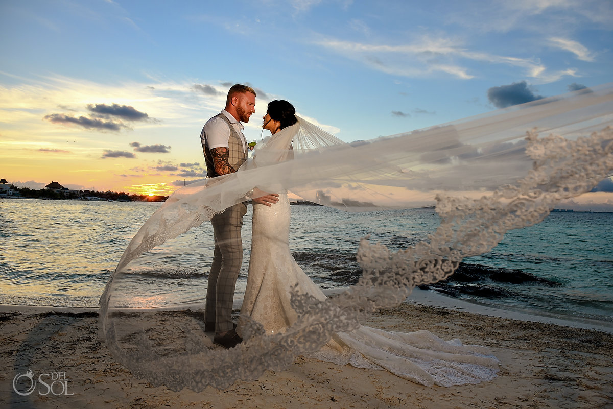 Groom Bride Romantic Beach Shore Sunset Photo session Mon Cheri Bridals Long Embroidery Dress Beautiful Classic Long Tule Veil