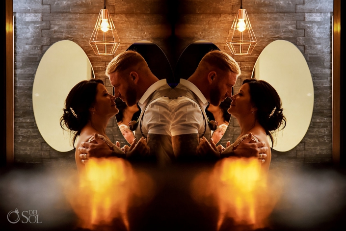 Dreams Sands Wedding Cancun Mexico D+T Gold Romantic Newlyweds Portrait Reflection