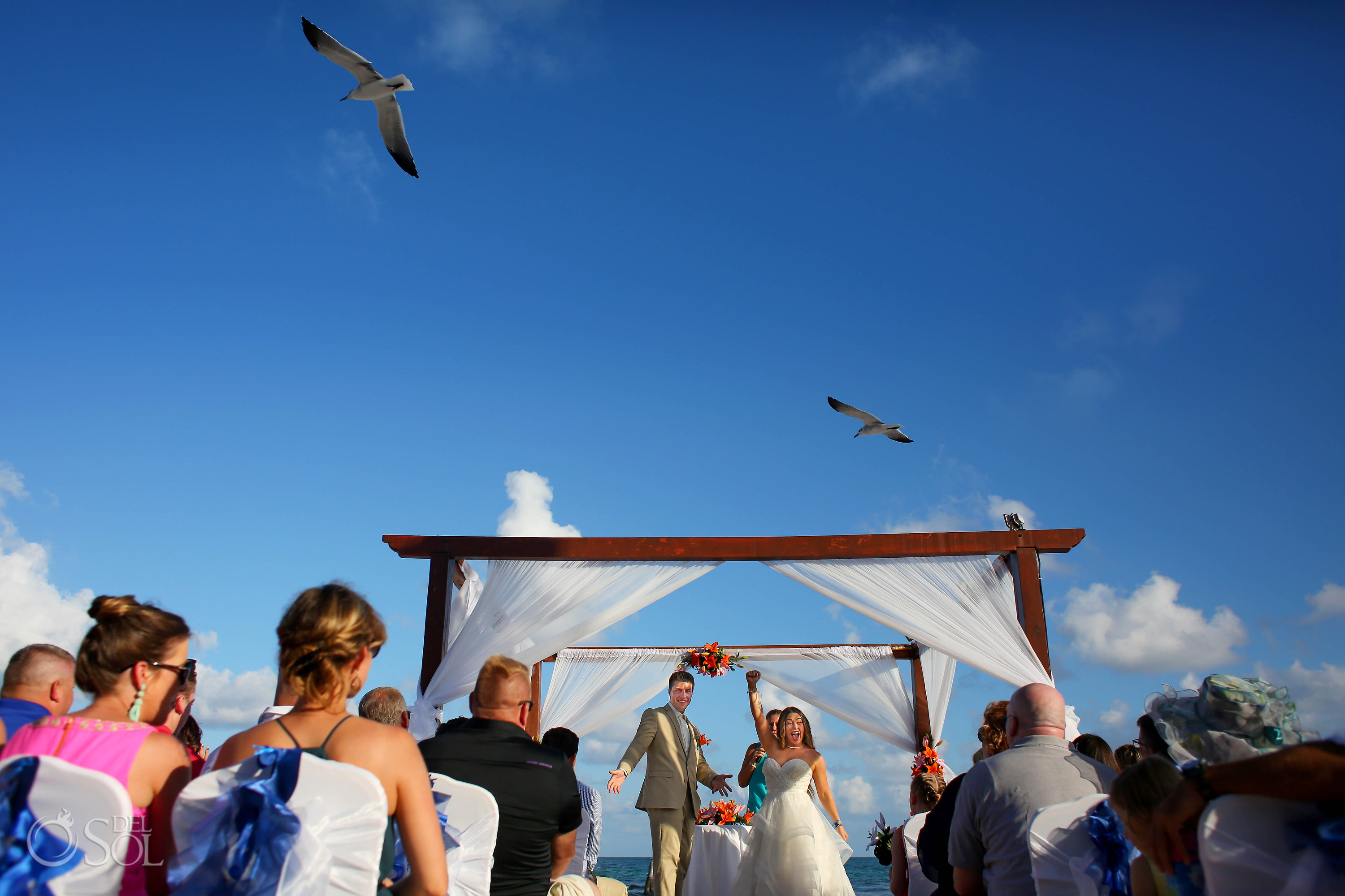 Seagulls flying high in the blue sky over wedding gazebo where bride and groom are celebrating #TravelForLove