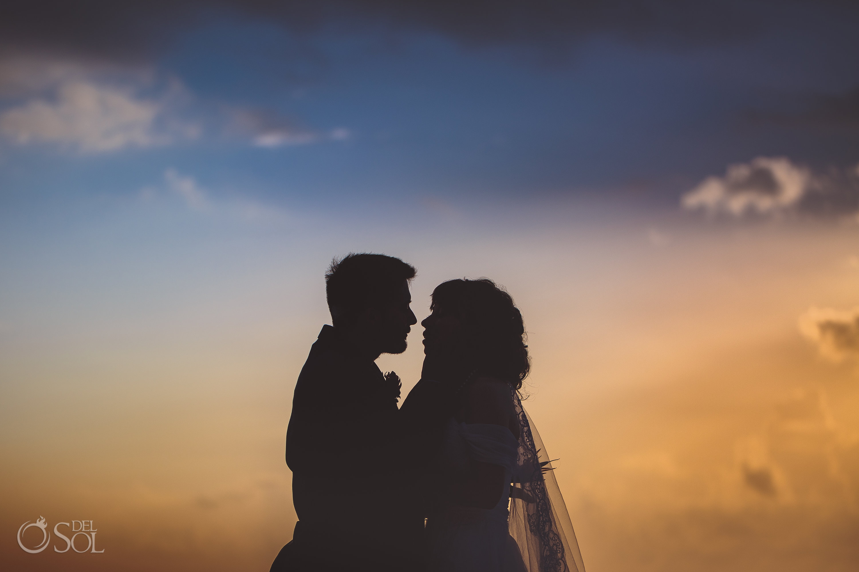 Sunrise Silhouette Portrait Bride Groom Akumal Bay Wedding