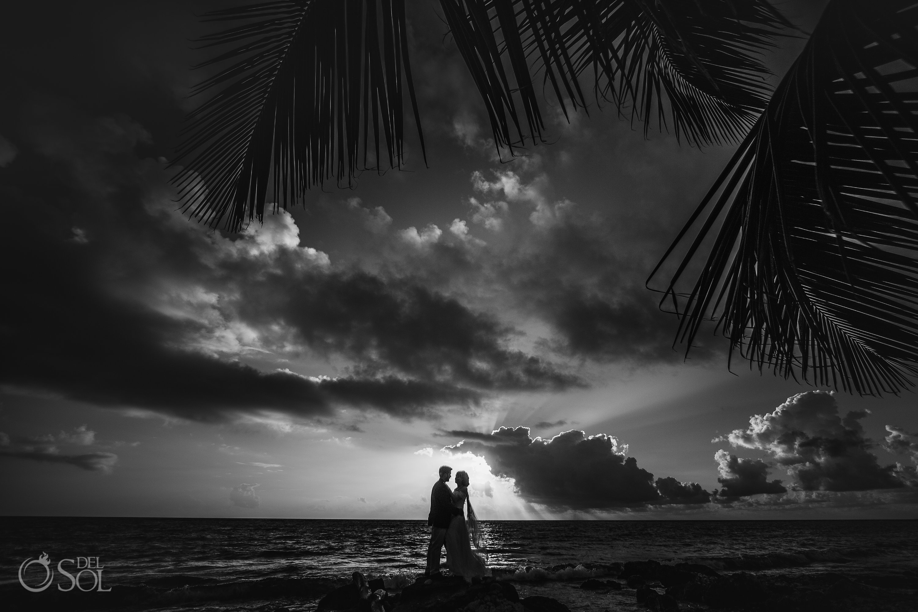 Black White Silhouette Portrait Bride Groom Tropical Sunrise Beachfront Akumal Private Villa Elopement