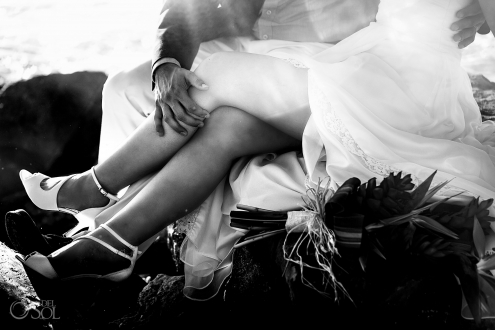 Black White Portrait Sexy Passioned Newlyweds Vintage Bridal Shoes Akumal Bay Elopement