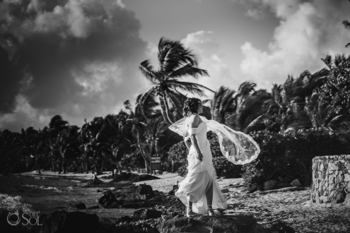Vintage Tropical Wedding Style Black White Bridal Wind Portrait Akumal Sunrise Elopement