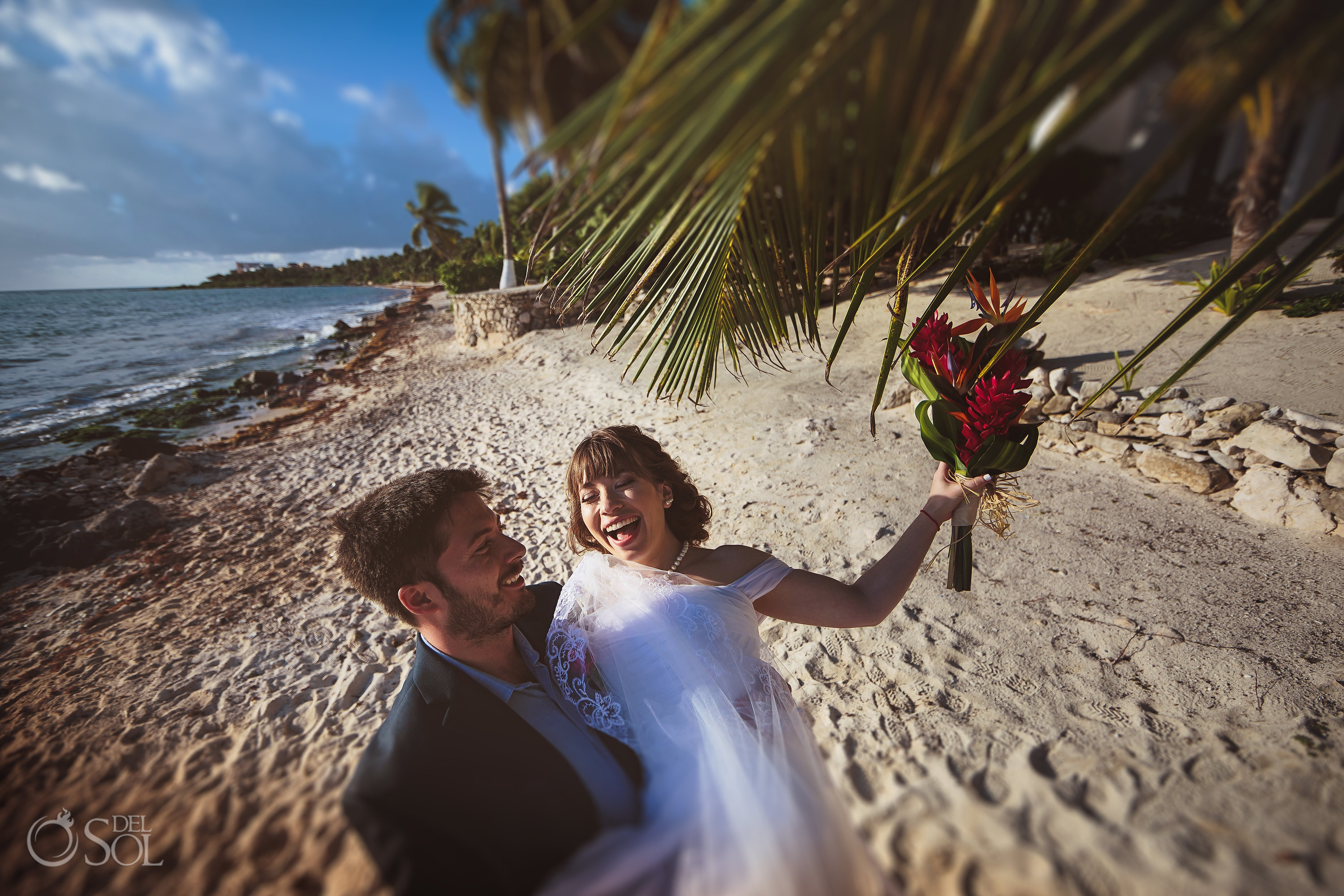 Happy Just Married Couple Tropical Bouquet Akumal Bay Wedding