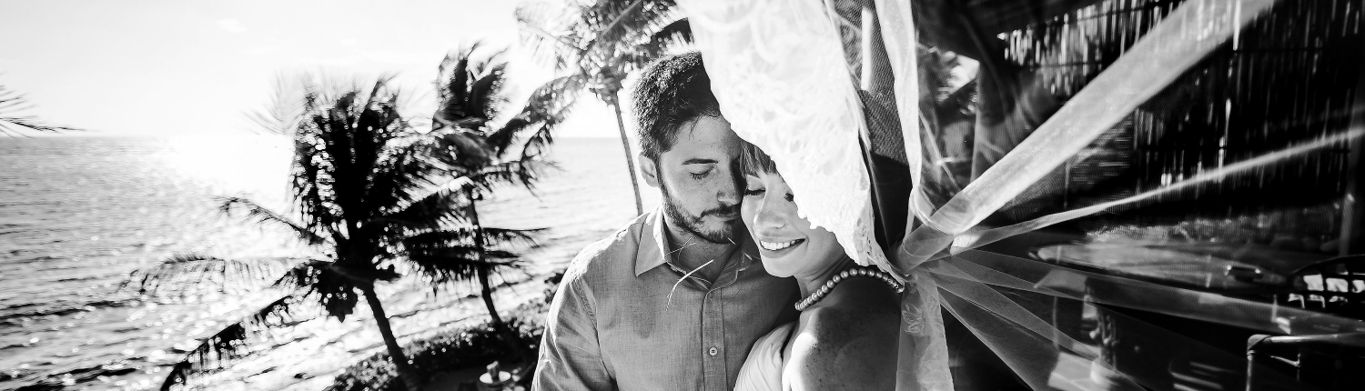 Black White Newlyweds Couple Embroidery Long Tule Veil Akumal Villa Private Beach Front Elopement