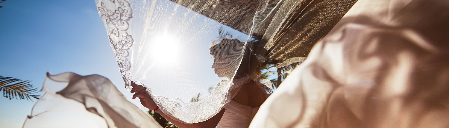 Wind Magical Wedding Dress Photography Long Embroidery tule Veil Sunrise reflection. Akumal private Villa Elopement