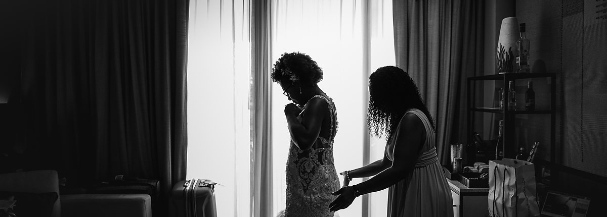 Bride getting ready silhouette Cancun wedding