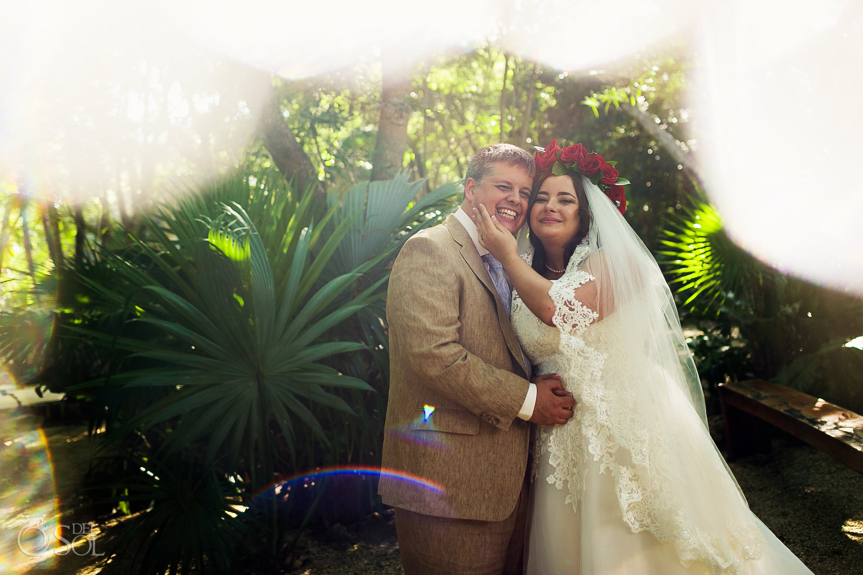 Newlyweds Jungle Portrait Sunlight flirt magical moment
