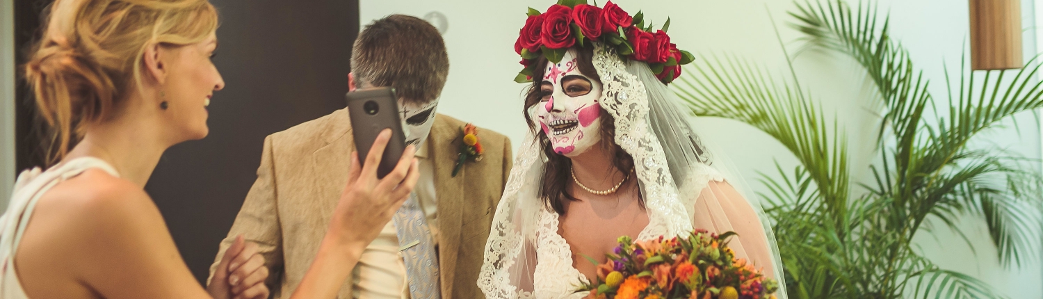 Catrina Makeup Bride Groom Red Roses Crown Day of the dead Wedding Documentary moment