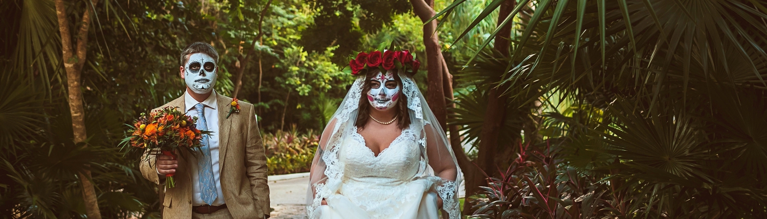 Day of the day wedding epic jungle walk Halloween Newlyweds David's Bridal Long White Embroidery Dress