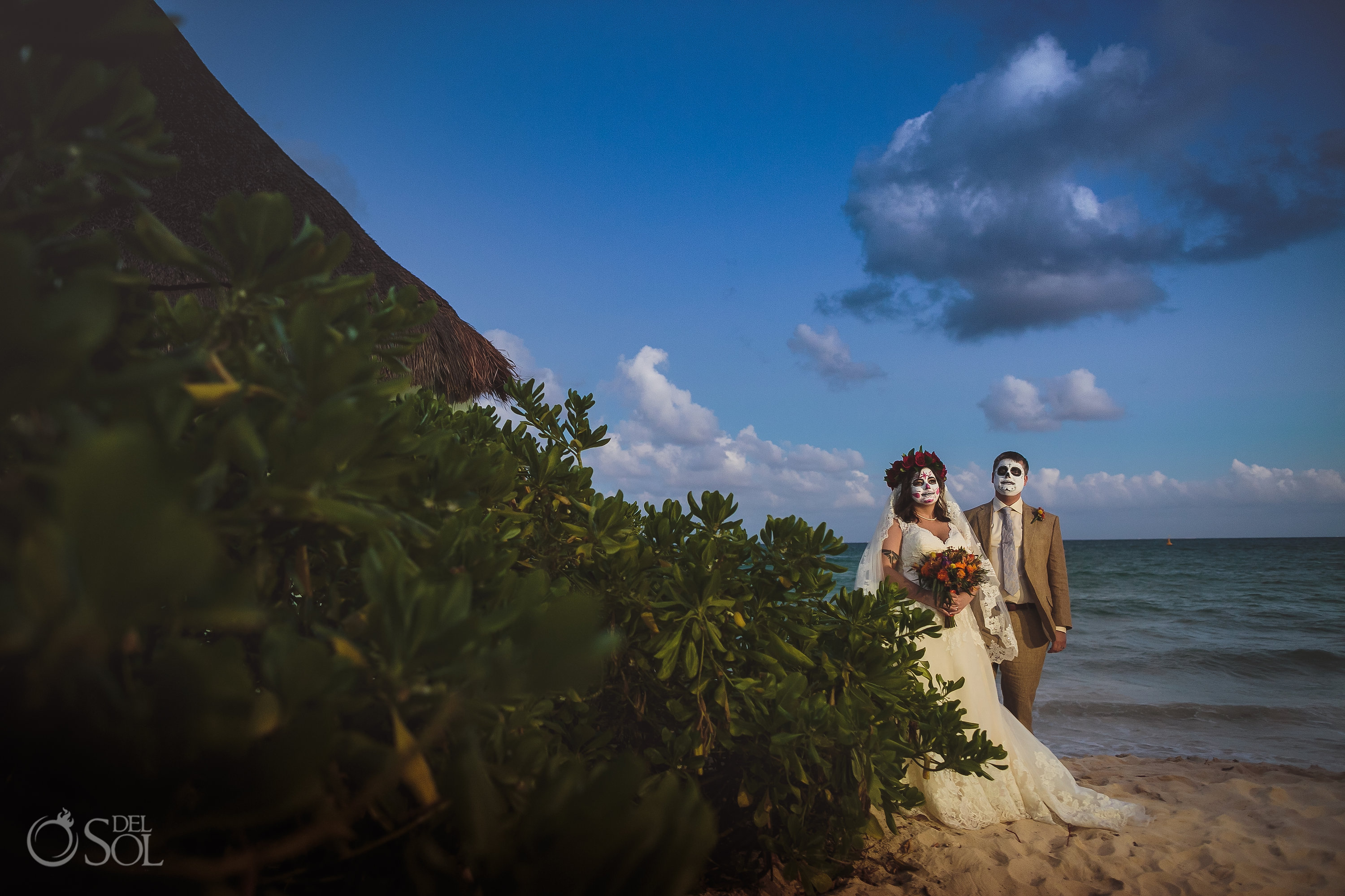 Playa del Carmen 38 Street Beach Newlyweds Day of the dead wedding Catrina makeup bride groom Mexico
