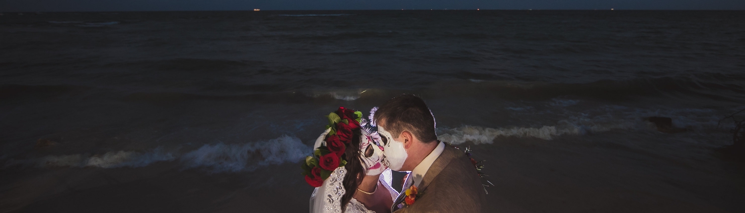 Epic Day of the dead wedding kiss Playa del Carmen Beach Night Photoshoot