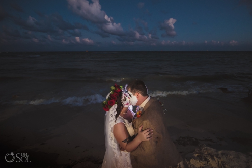 Epic Day of the dead wedding kiss Playa del Carmen Beach Night Photoshoot