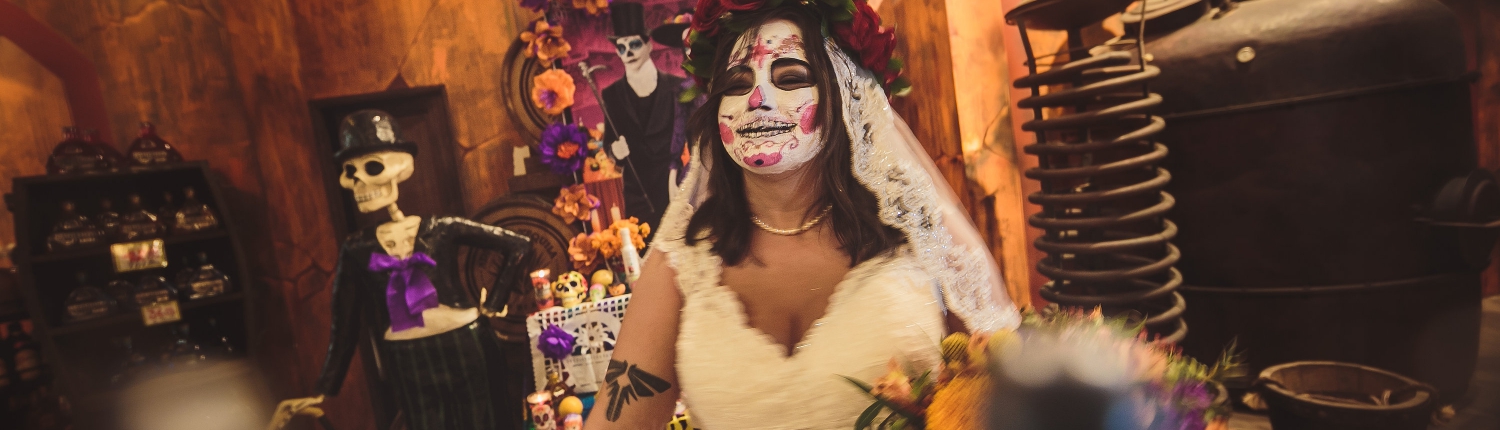David's Bridal Sugar Scull Makeup Catrina Floral Crown Playa del Carmen Day of the dead Wedding