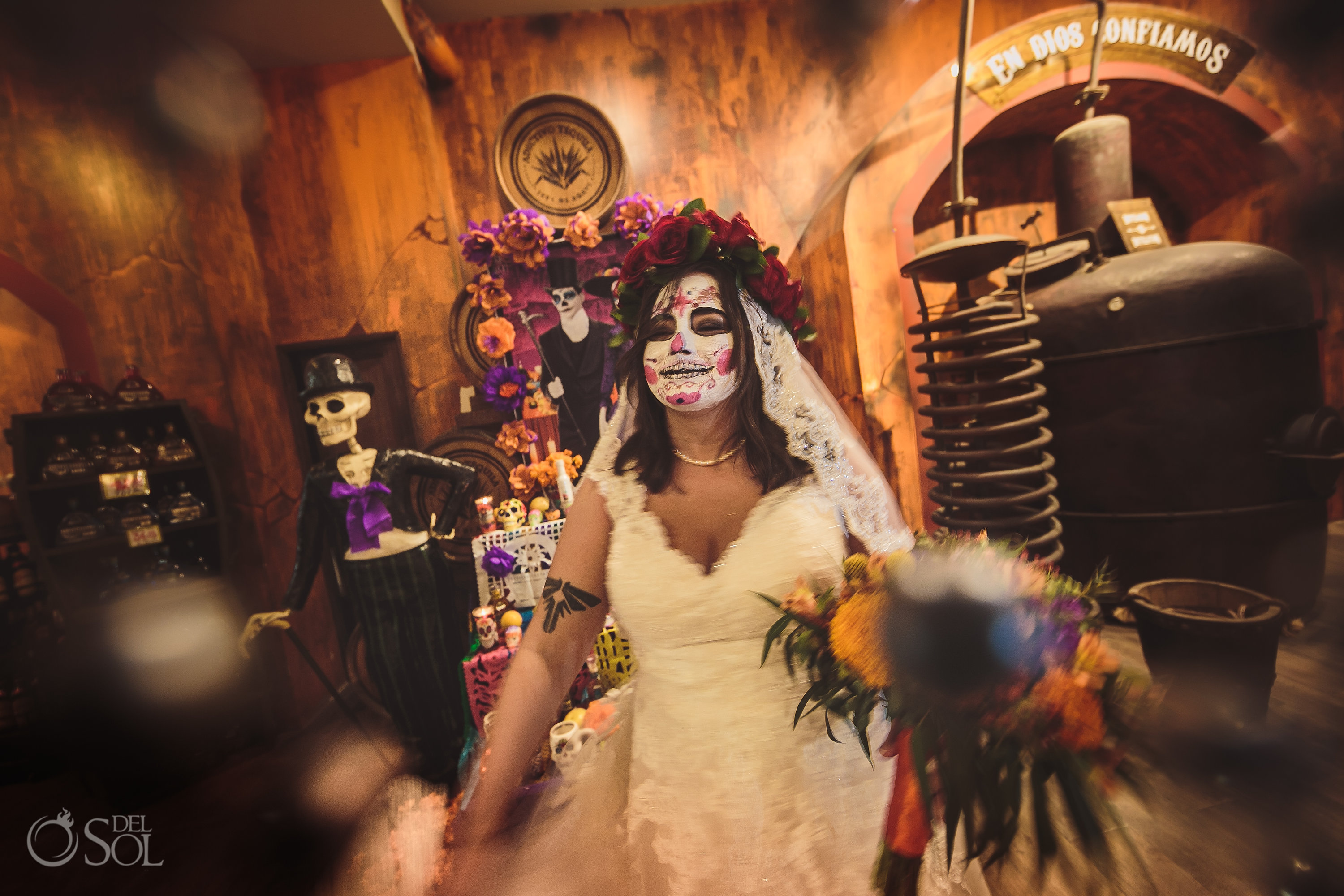 David's Bridal Sugar Scull Makeup Catrina Floral Crown Playa del Carmen Day of the dead Wedding