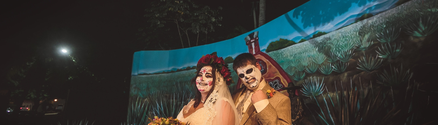 Day of the dead wedding fun groom saying yes catrina floral crown skull makeup Agave plantation playa del carmen