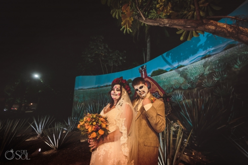 Day of the dead wedding fun groom saying yes catrina floral crown skull makeup Agave plantation playa del carmen