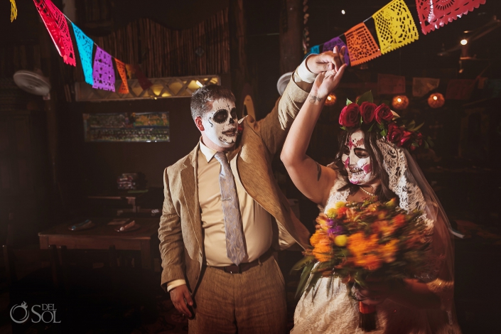 Day of the Dead Wedding newlyweds day of the dead wedding colorful Mexican bar playa del carmen