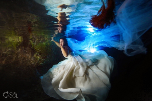 underwater bride wearing Maggie Sottero wedding dress bianca